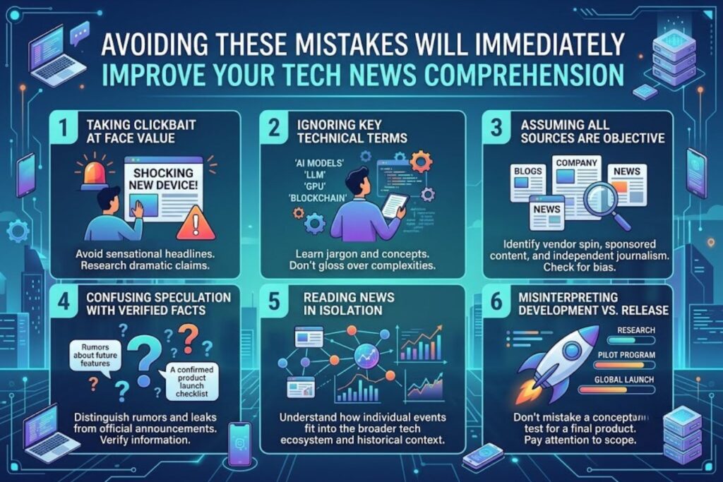 Four common mistakes tech news readers make: mistaking announcement for reality, ignoring context, overweighting volatility, confirmation bias