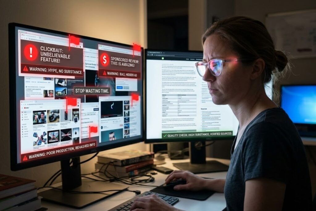Red flags in tech journalism: sensational headlines, missing expert perspectives, lack of attribution, promotional content without disclosure