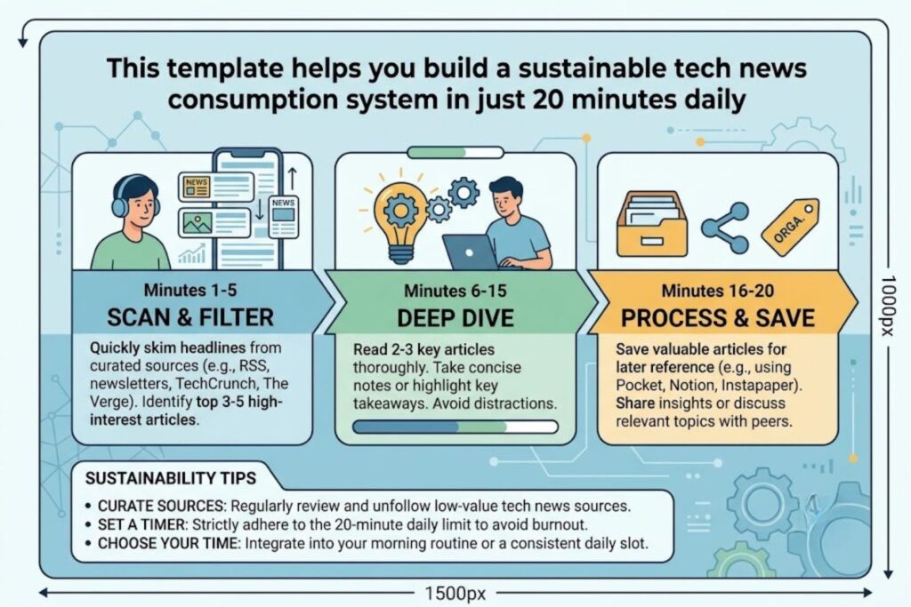 Personal tech news strategy template showing four source categories: generalist daily check-in, specialized focus area, alternative perspective, niche topic