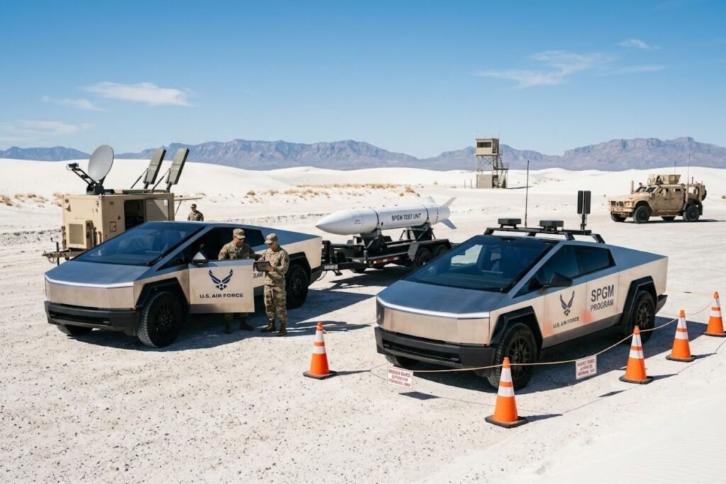 Comparison chart showing Tesla Cybertruck specifications: 300+ mile range, 14,000+ pound towing capacity, stainless steel exoskeleton construction, advanced electronic systems