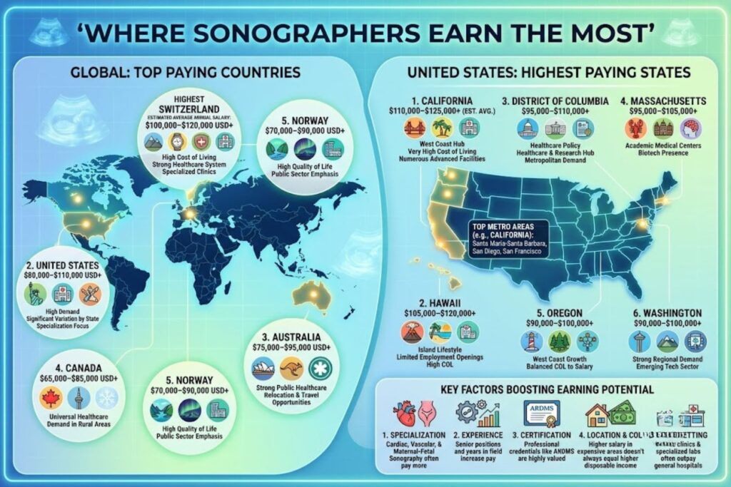 US map showing highest paying states for ultrasound techs