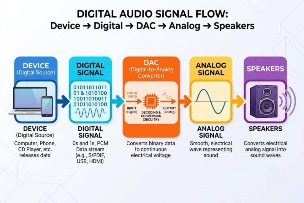 Diagram showing digital audio flow from device to USB headphones through DAC conversion, compared to direct analog 3.5mm audio transmission