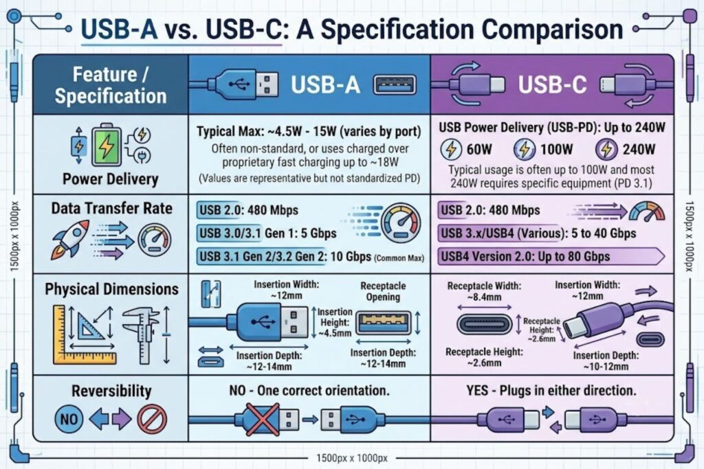 Comparison table showing USB-A versus USB-C specifications including power delivery, data transfer rate, and physical dimensions