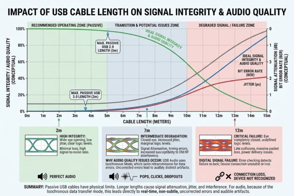 Graph showing how cable length affects signal integrity in USB audio connections, demonstrating why longer USB cables can cause audio quality issues