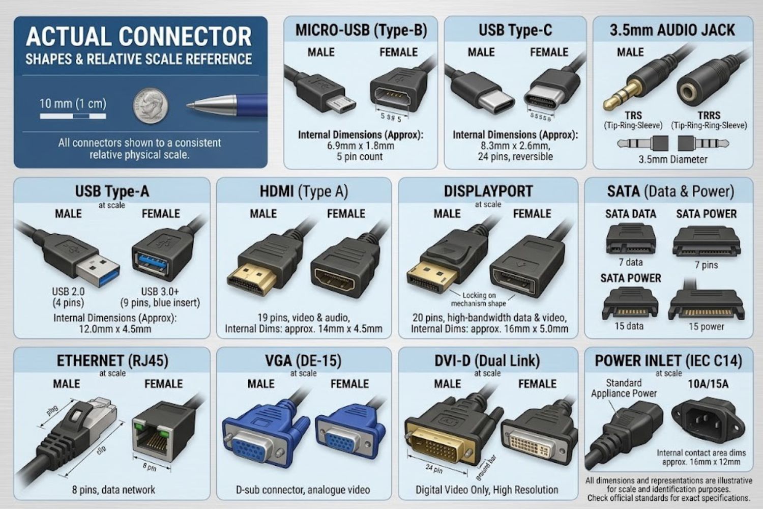 Side-by-side comparison of USB-A, USB-C, Lightning, and 3.5mm headphone connectors showing size and shape differences