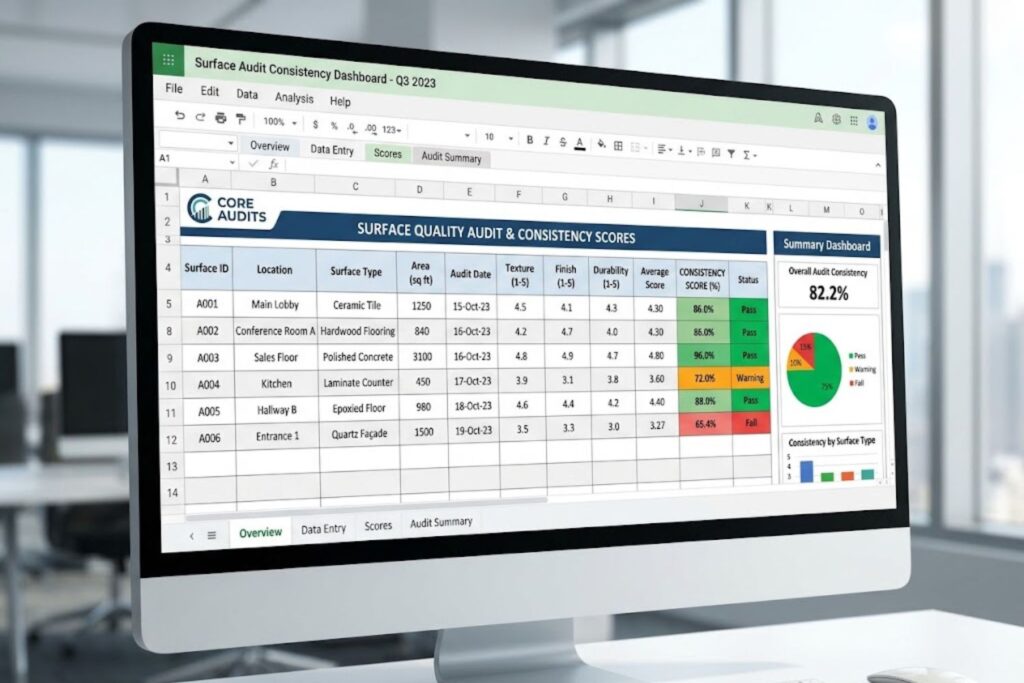 Sample brand data audit spreadsheet showing consistency scores across 10 digital surfaces