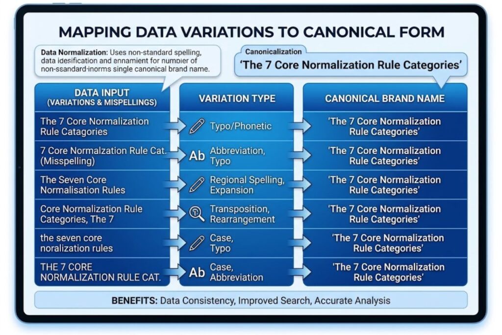 Table showing multiple spelling variations of a brand name mapped to single canonical version