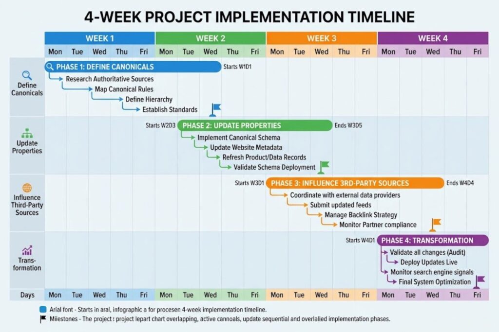 4-week implementation timeline showing phases for defining canonicals, updating properties, influencing third-party sources, and transformation
