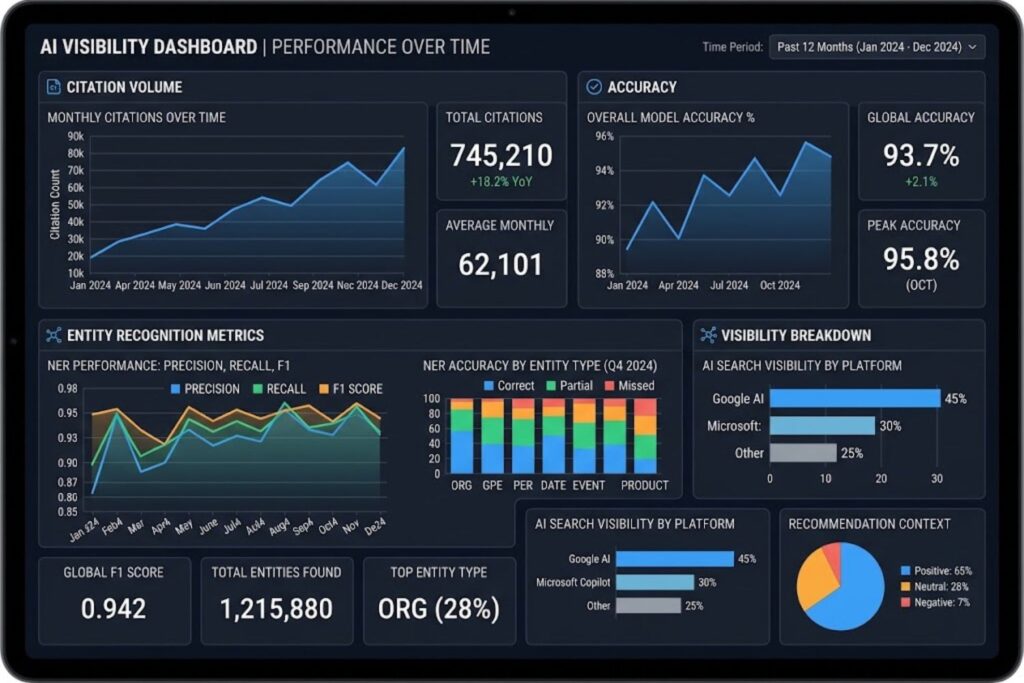 Sample AI visibility dashboard displaying citation volume, accuracy, and entity recognition metrics over time