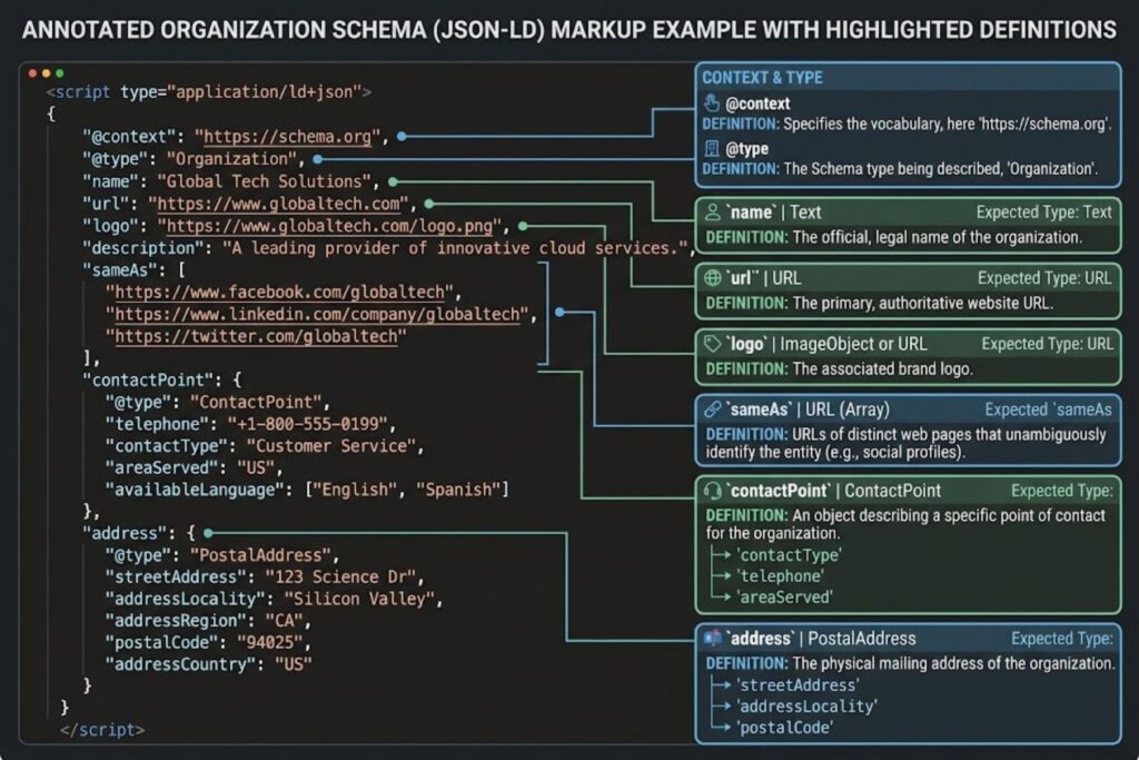 Annotated Organization schema markup example with property definitions highlighted