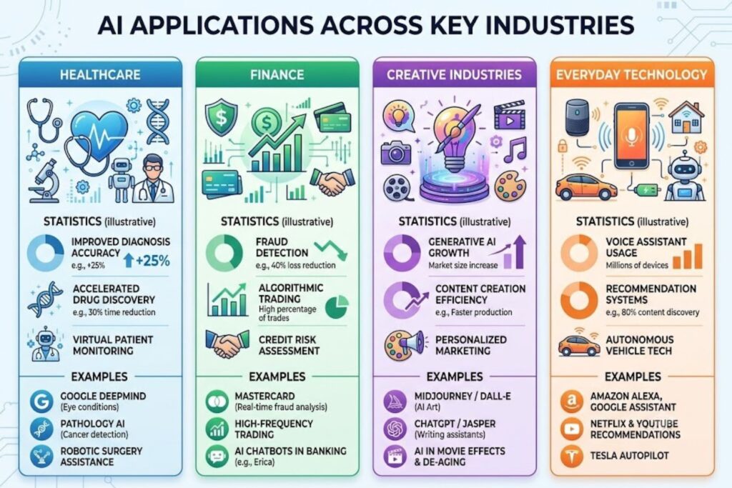 Icons and statistics showing AI applications across healthcare, finance, creative industries, and everyday technology with real-world examples
