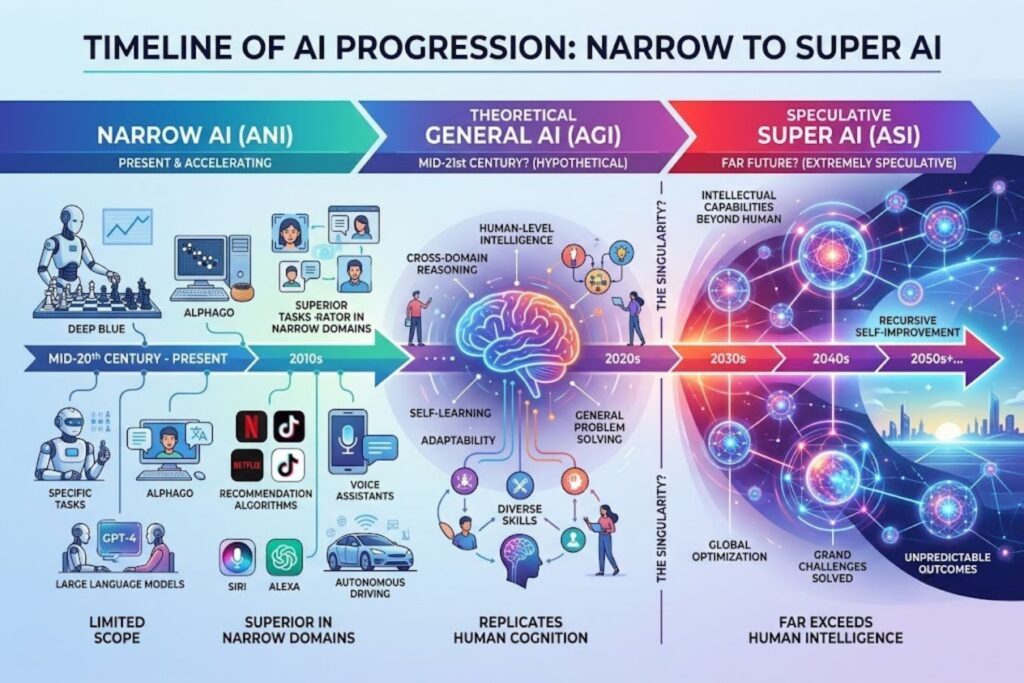 Timeline showing progression from narrow AI (current), through theoretical general AI, to speculative super AI, with dates and current real-world examples