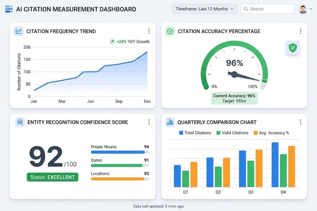 Dashboard mock-up showing three key AI citation metrics: citation frequency trend, citation accuracy percentage, and entity recognition confidence scores
