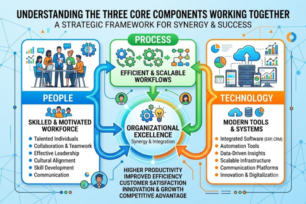 Infographic showing core AI components: data, algorithms, and computing power driving artificial intelligence systems