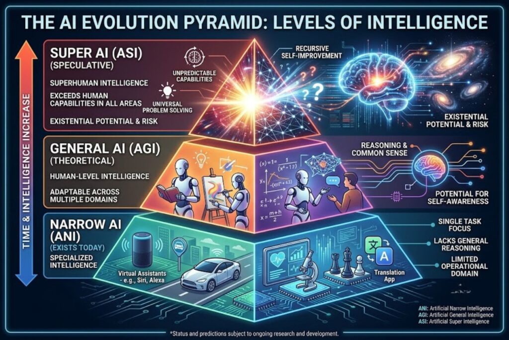 Pyramid diagram showing AI types: Narrow AI at base (exists today), General AI in middle (theoretical), Super AI at top (speculative)