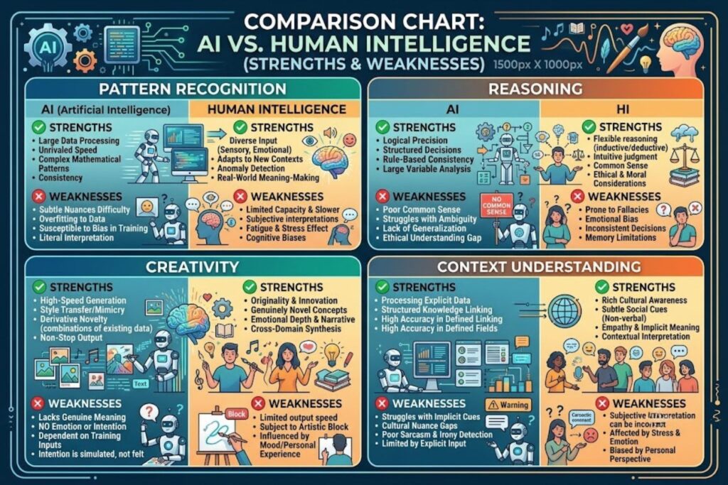 Comparison chart showing strengths and weaknesses of AI versus human intelligence across pattern recognition, reasoning, creativity, and context understanding