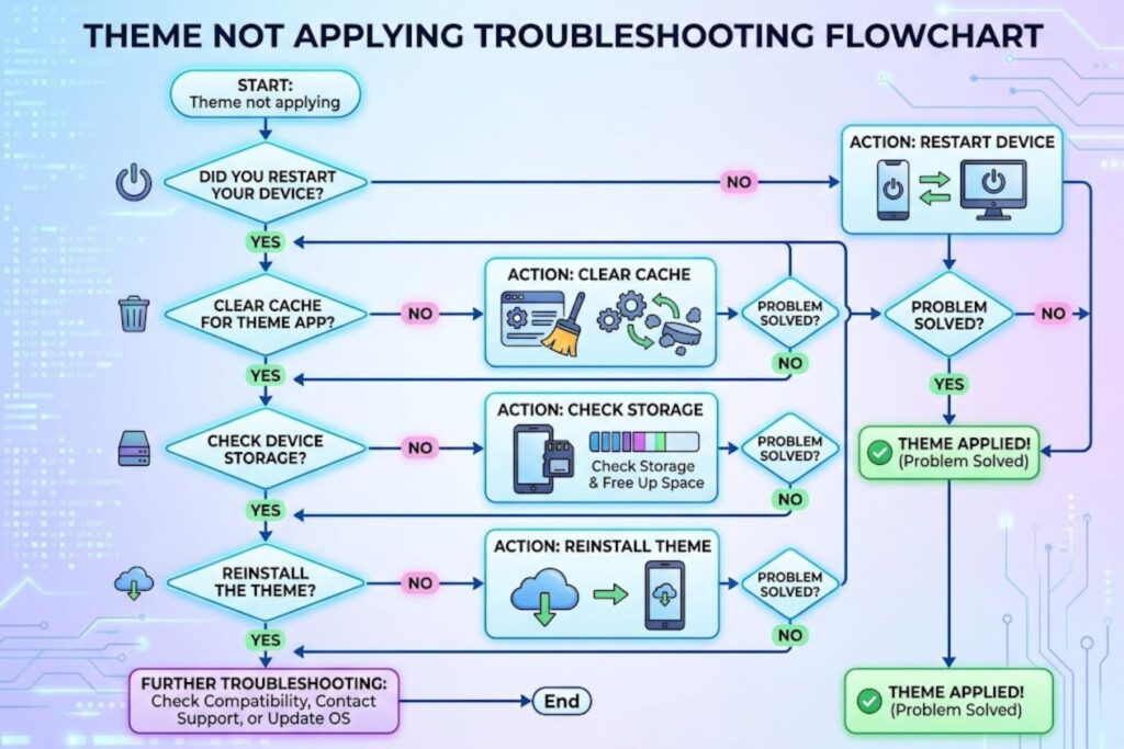 Interactive flowchart starting with 'Theme not applying' and branching to solutions including restart device, clear cache, check storage, and reinstall theme with yes/no decision points