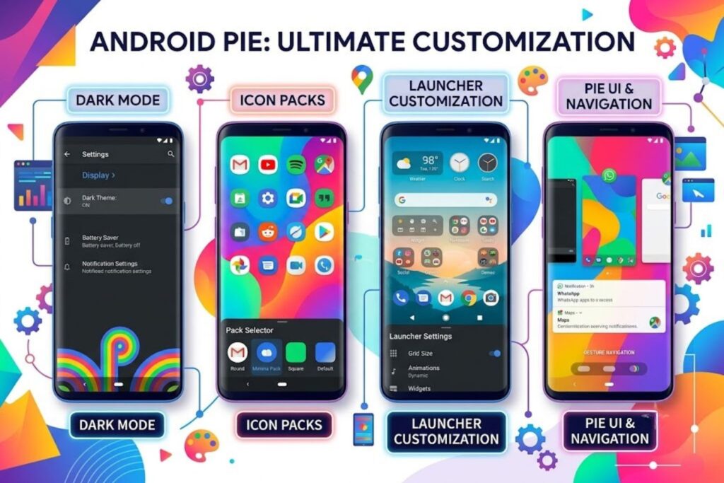 Colorful illustration showing different Android Pie theme options: dark mode, icon packs, and launcher customization examples on smartphone screens