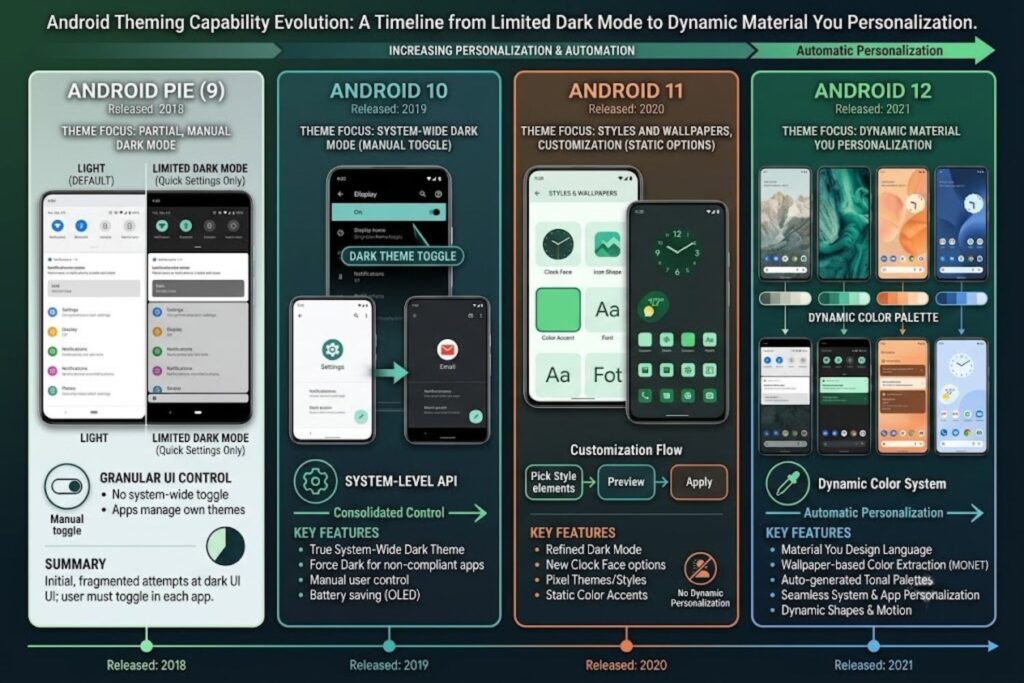 Timeline chart comparing Android Pie, Android 10, Android 11, and Android 12 theming capabilities showing progression from limited dark mode to dynamic Material You personalization