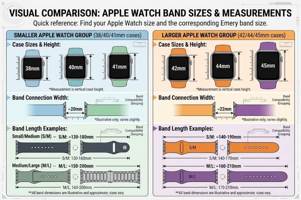 Visual comparison chart showing 38/40/41mm and 42/44/45mm Apple Watch band sizes with actual measurements