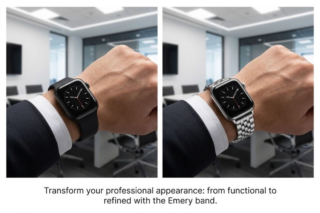 Side-by-side comparison of Apple Watch wearing basic sport band versus Posh Tech Emery band in business setting