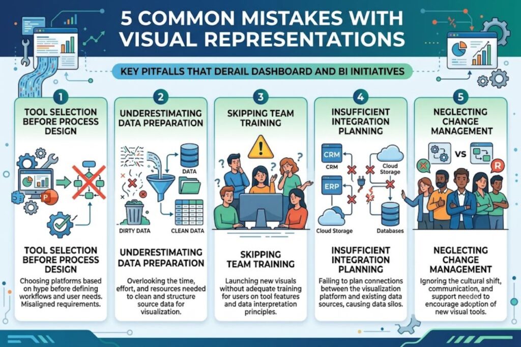 Five common automation implementation mistakes: rushing tool selection, underestimating data prep, skipping training, poor integration planning, and neglecting change management