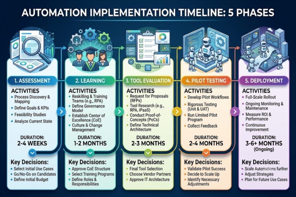 Five-phase automation implementation timeline with assessment, learning, tool evaluation, pilot testing, and deployment phases
