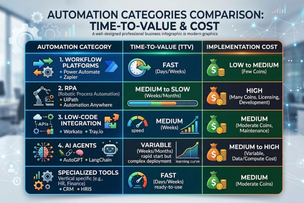 Table comparing five automation categories: workflow platforms, RPA, low-code integration, AI agents, and specialized tools with time-to-value and cost