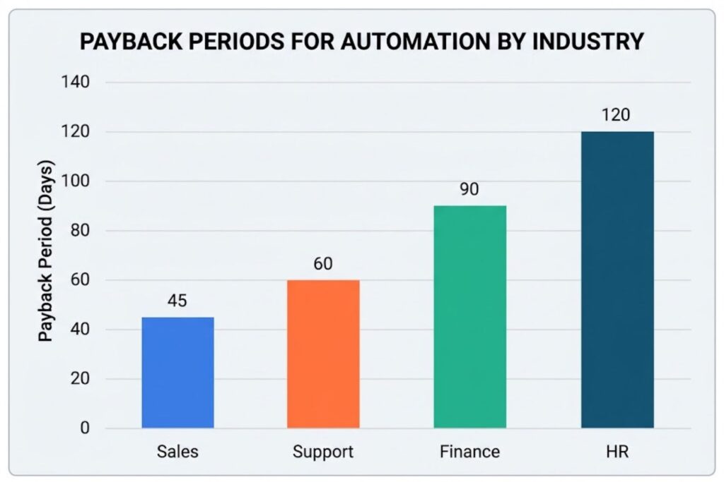 Bar chart showing payback periods for automation in different industries: sales 45 days, support 60 days, finance 90 days, HR 120 days