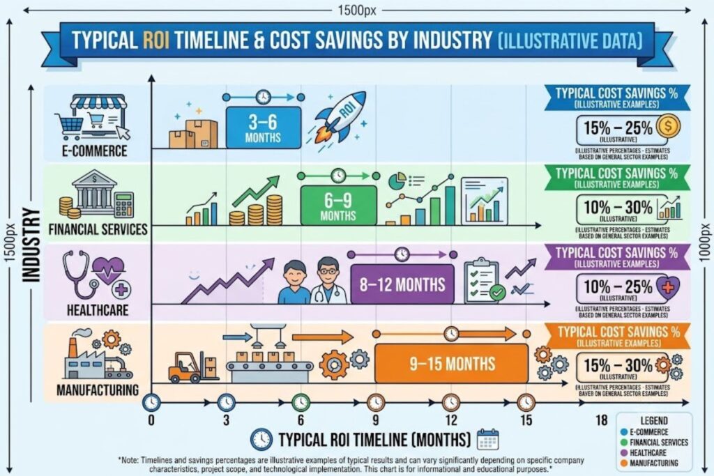 Automation ROI timeline comparison across industries showing fastest ROI in e-commerce and longest in manufacturing