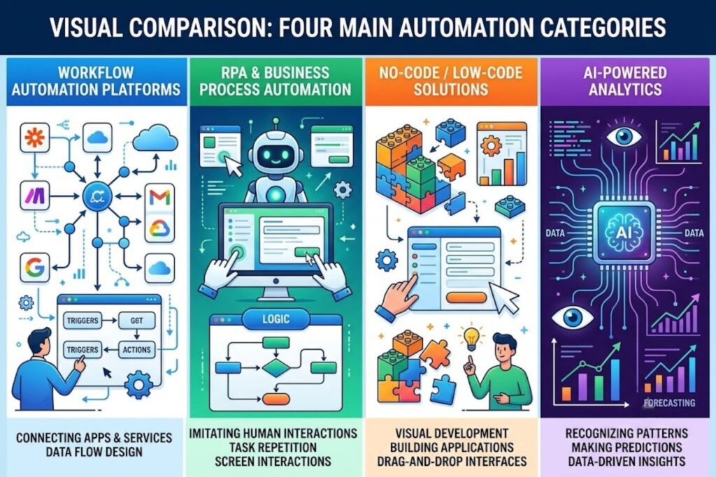 Comparison of four automation tool categories showing workflow platforms, RPA, no-code solutions, and AI analytics