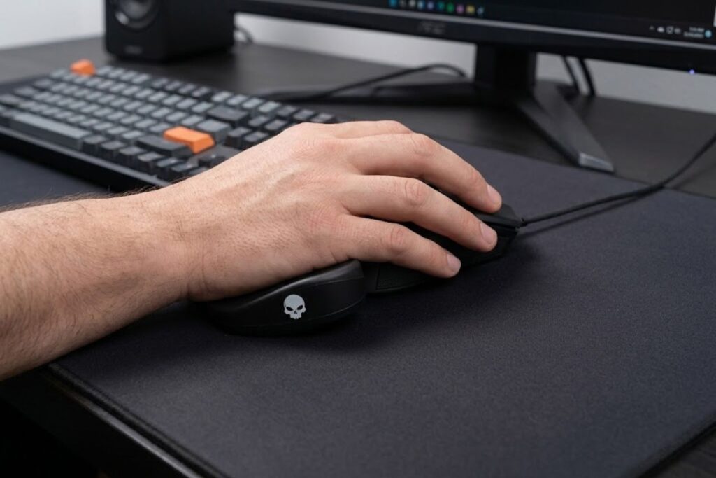 BadSeed Tech Carpio wrist rest in black, shown on a desk mat with ergonomic positioning