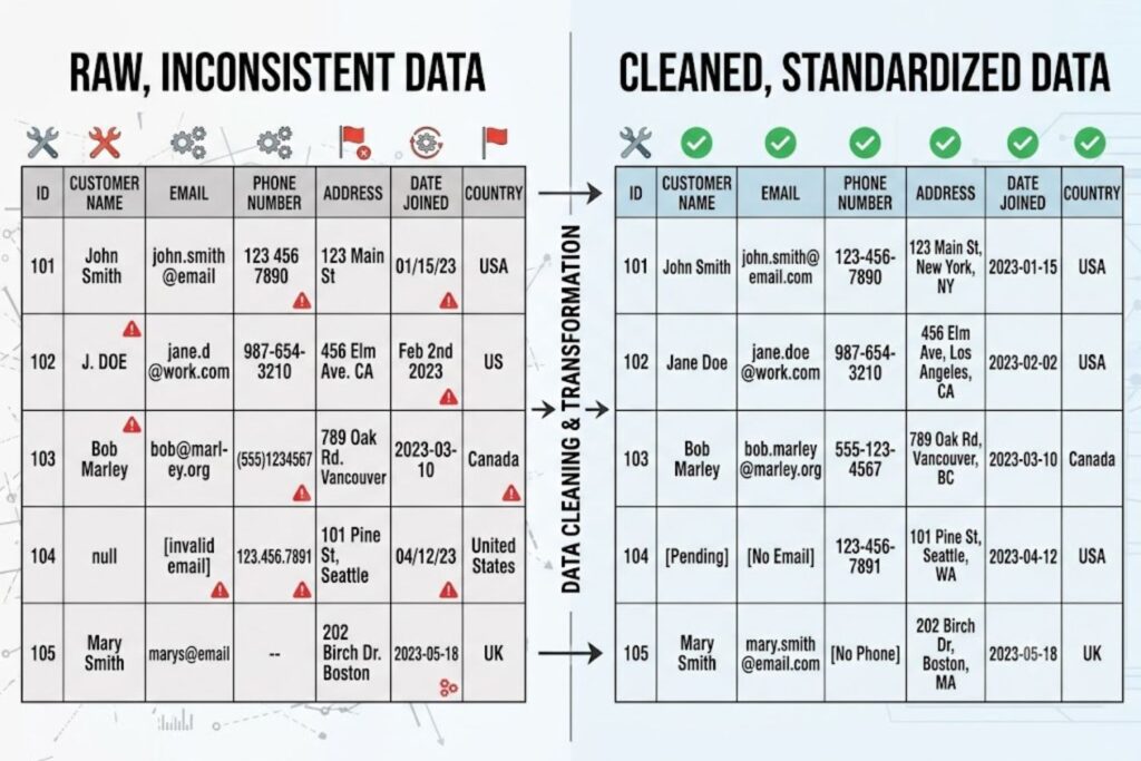 Side-by-side comparison showing raw, inconsistent data on the left and cleaned, standardized data on the right
