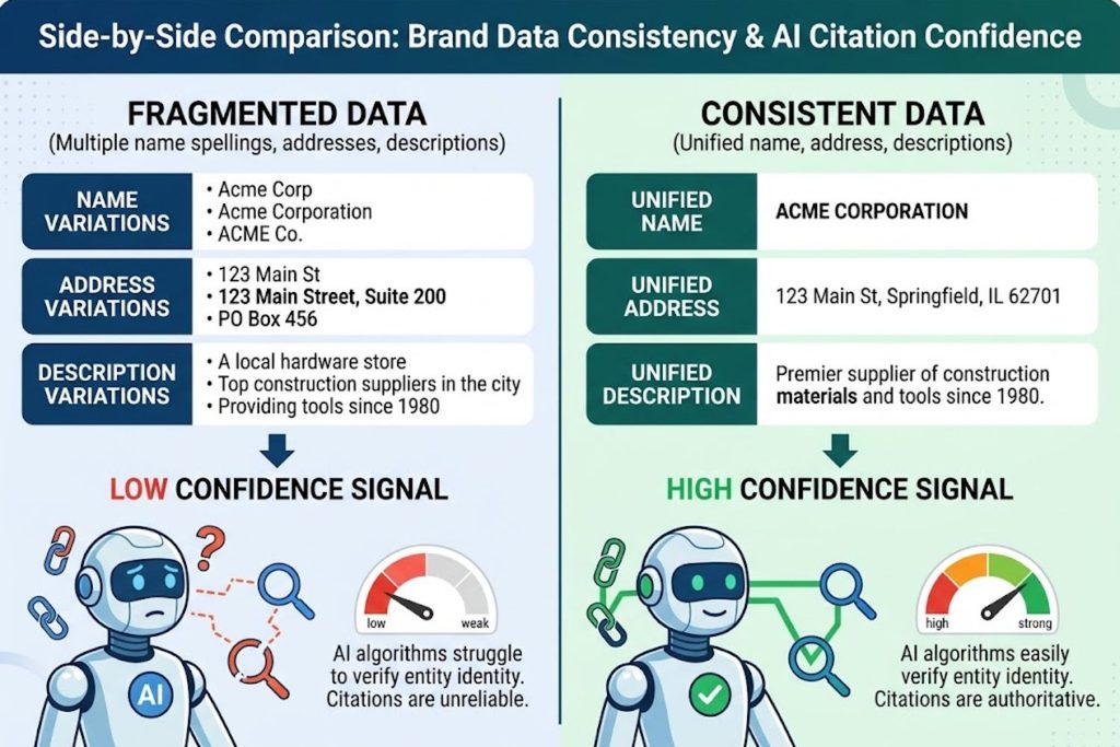 Comparison showing how inconsistent brand data reduces AI citation confidence while standardized data increases it