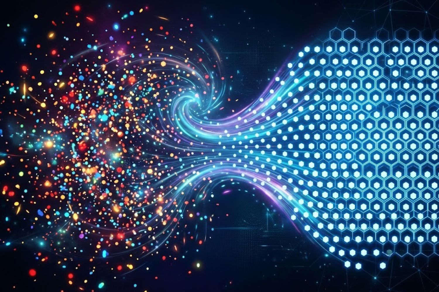 Abstract visualization of data transformation: scattered, colorful data points converging into organized, uniform pattern