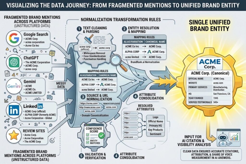 Diagram showing how normalization transformation rules consolidate fragmented brand data from multiple platforms into a single unified entity for AI citation