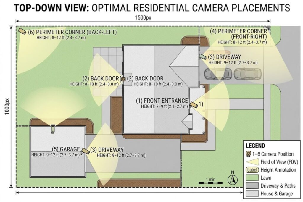 Diagram of optimal camera placement locations including front entrance, back door, driveway, perimeter corners, and garage with recommended 8-12 foot installation height