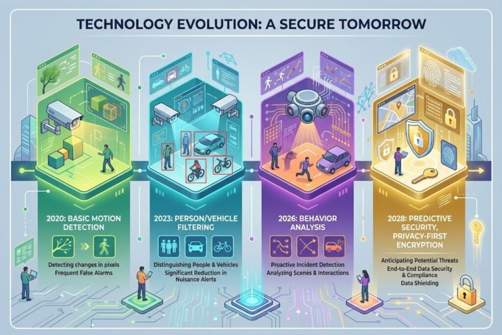 Timeline showing evolution of camerabewaking technology from basic motion detection in 2020 to predictive security and privacy-first solutions by 2028
