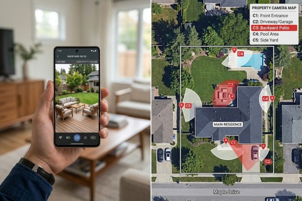 Person monitoring home security cameras in real-time using camerabewaking app on smartphone
