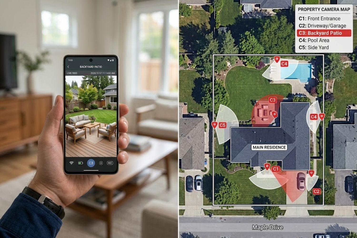 Person monitoring home security cameras in real-time using camerabewaking app on smartphone