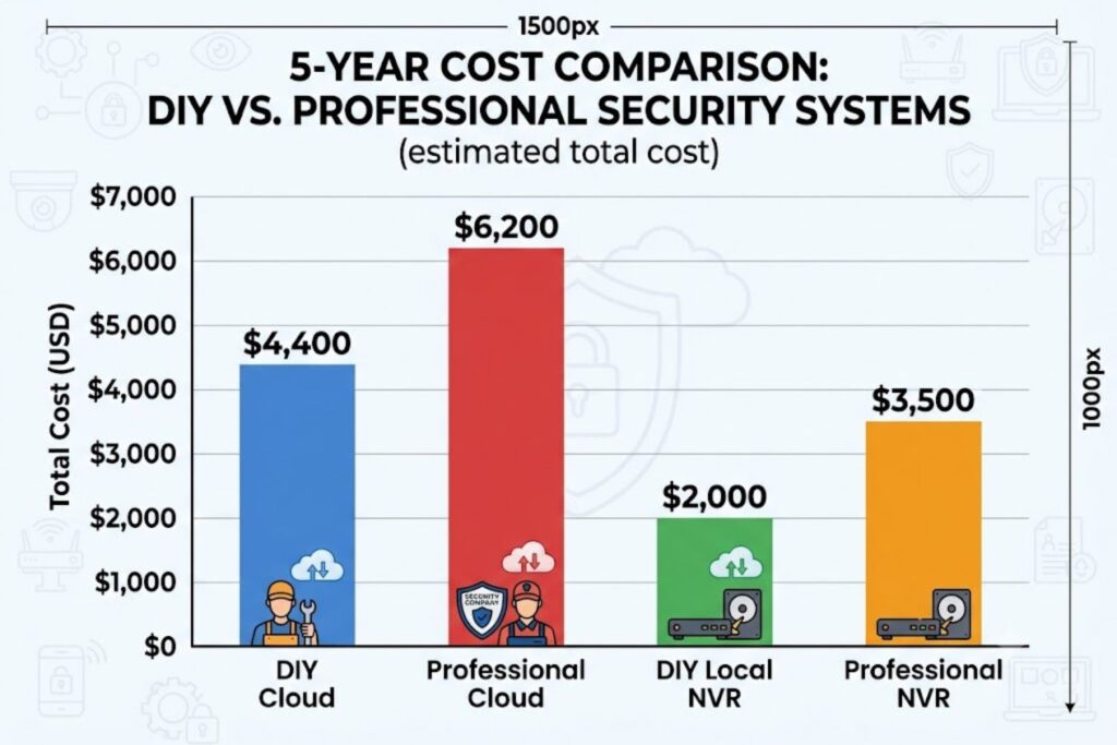 5-year cost comparison chart showing cloud-based systems cost $4,400-6,200 versus local NVR systems costing $2,000-3,500