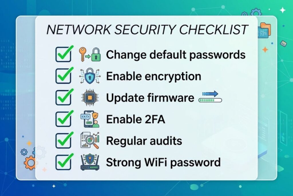 Camerabewaking security checklist including password changes, encryption, firmware updates, two-factor authentication, audits, and strong WiFi settings