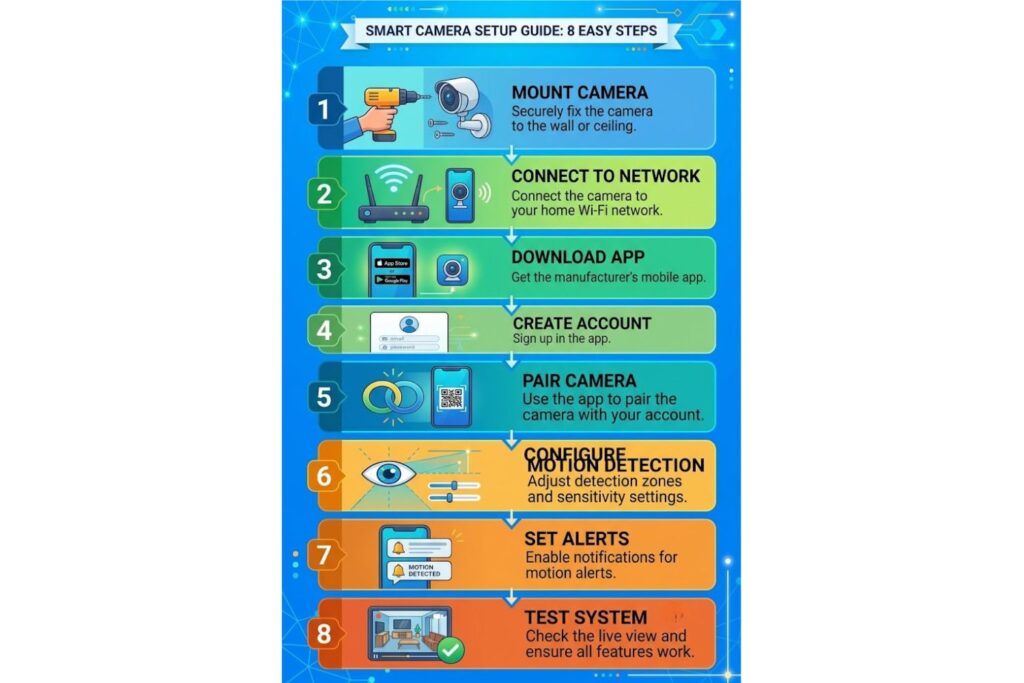 Step-by-step infographic showing 8 steps to set up camerabewaking system: mounting, network connection, app installation, account creation, camera pairing, motion detection configuration, alert settings, and testing