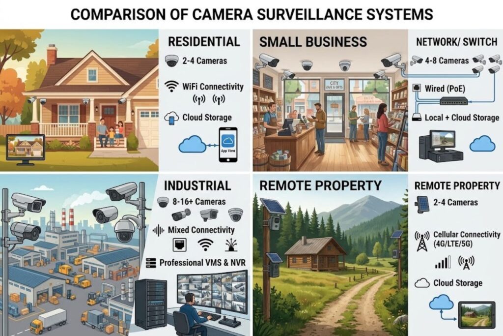 Comparison graphic showing camerabewaking setup recommendations for residential, small business, industrial, and remote property use cases