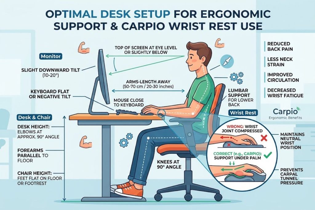 Diagram showing optimal desk, monitor, and wrist rest positioning for ergonomic support