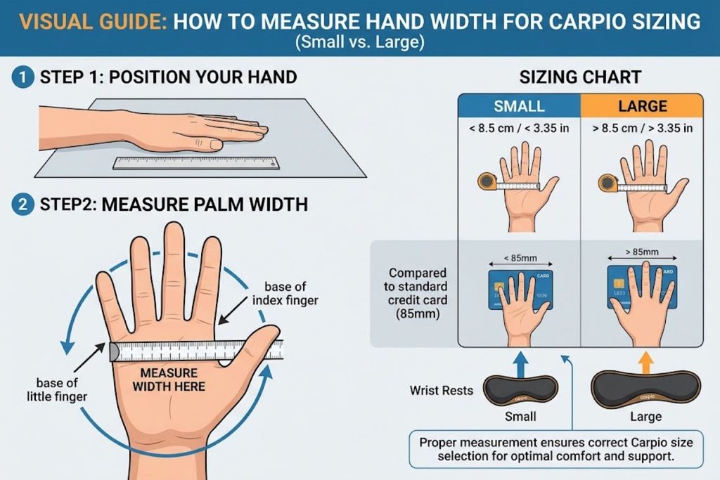 Visual guide showing how to measure hand width for Carpio sizing (Small vs. Large)