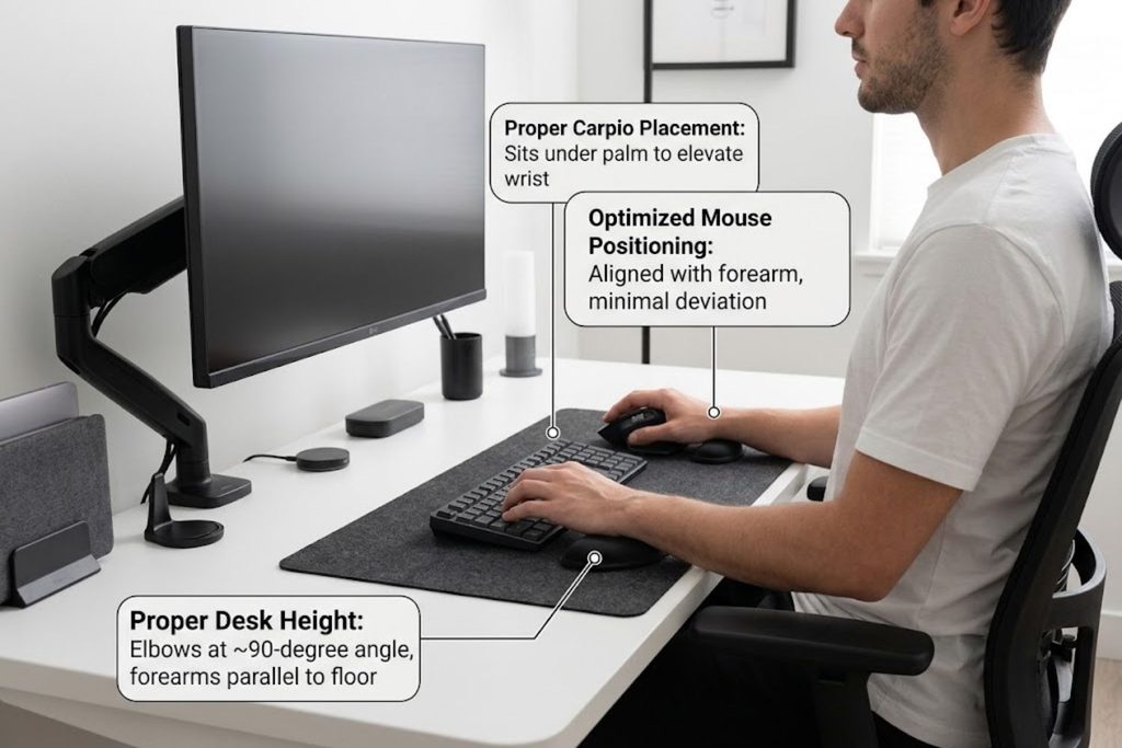 Properly optimized desk setup showing Carpio placement, desk height, and mouse positioning