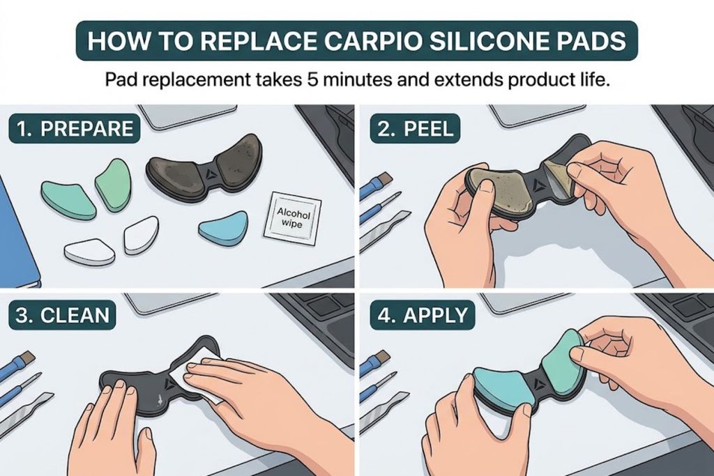 Step-by-step image showing how to replace Carpio silicone pads