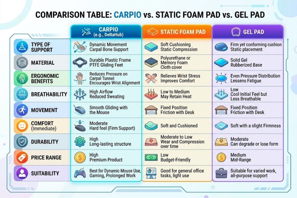 Comparison table showing Carpio, static foam pad, and gel pad specifications and performance