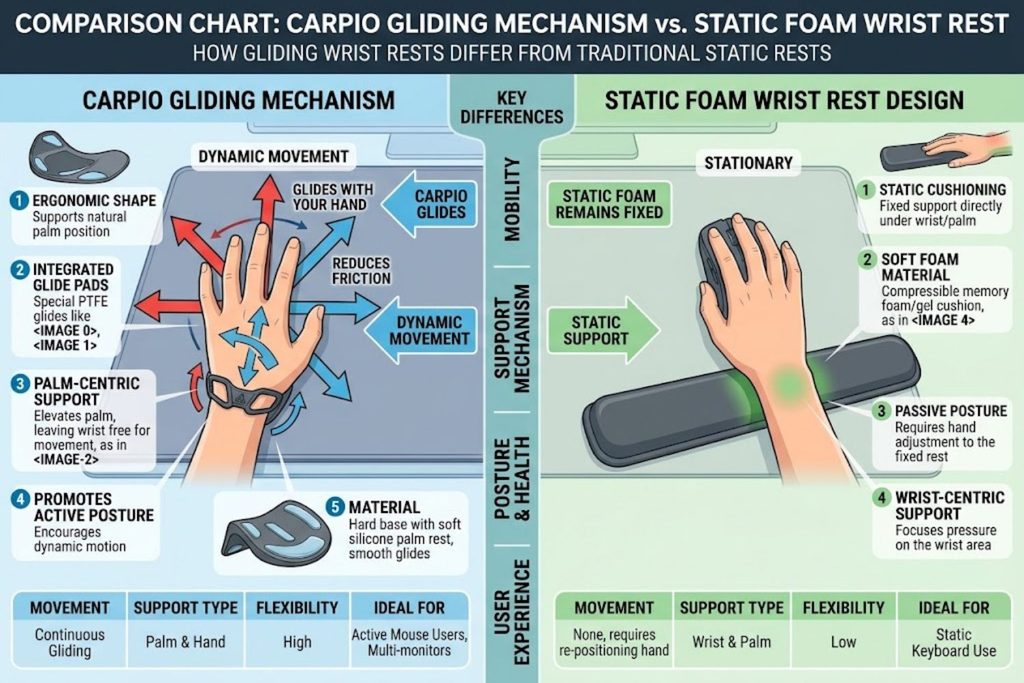 Comparison chart showing Carpio gliding mechanism next to static foam wrist rest design
